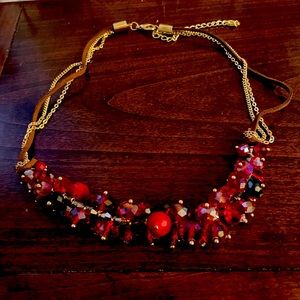 Burgundy red glass bed gold chain leather strap necklace EUC